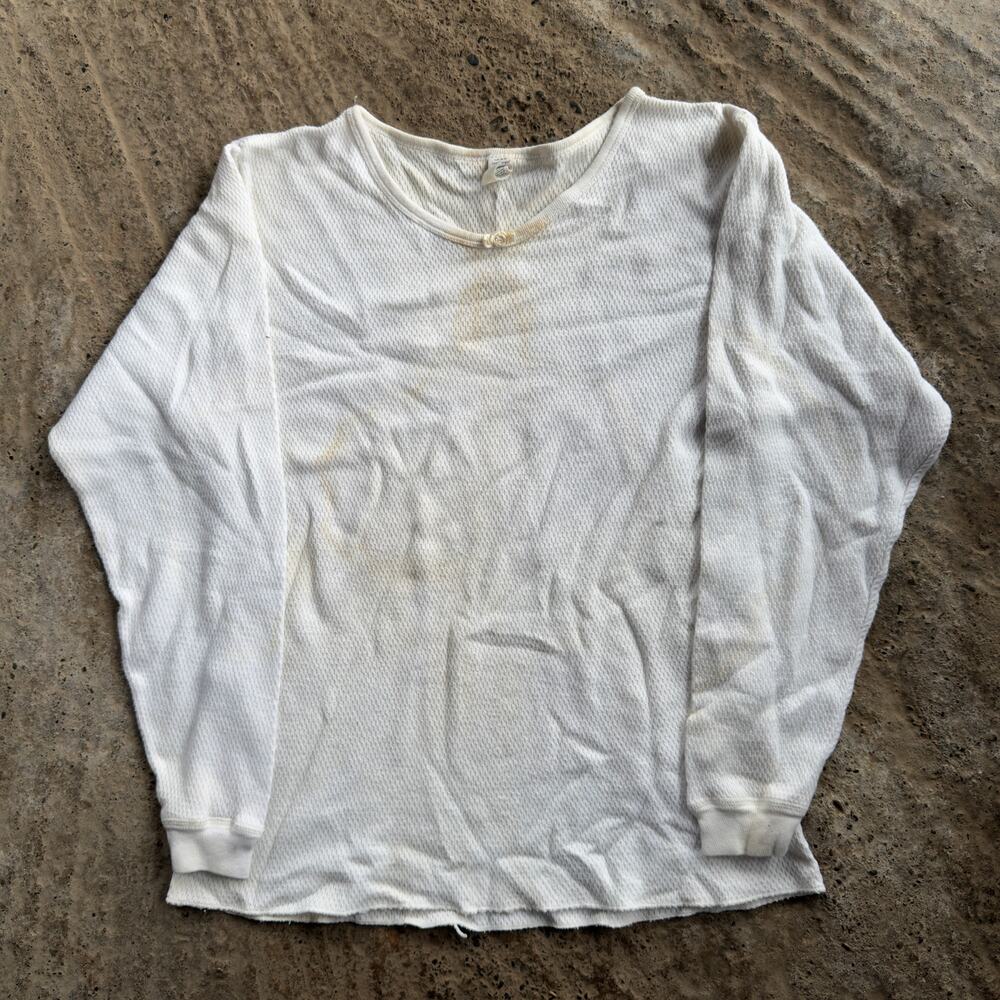 Vintage 70s Lady Morgan Stained White Thermal Long Sleeve Shirt Women's Lrg